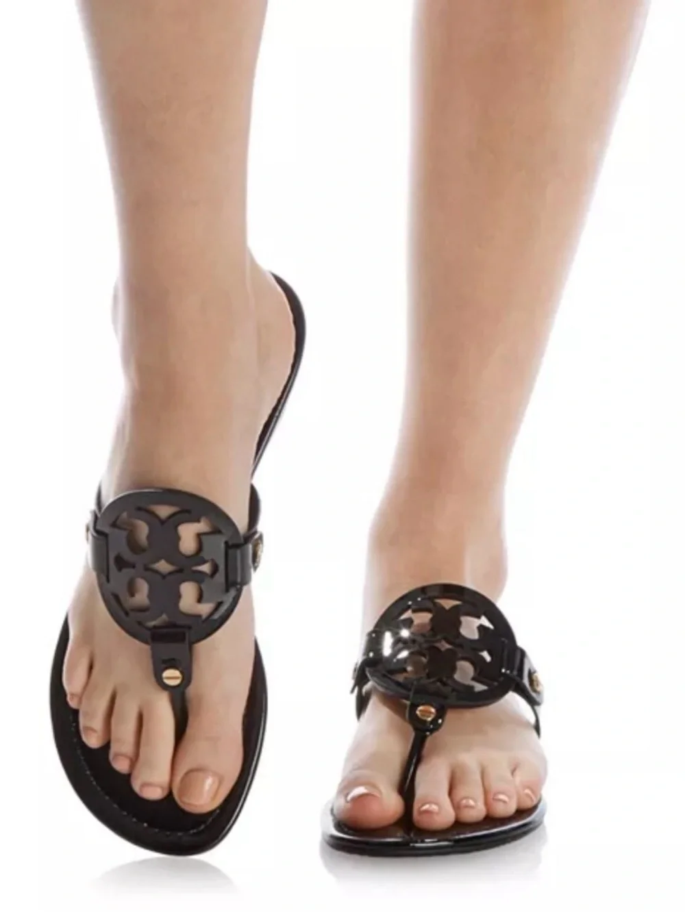 Tory Burch Black Patent Logo Thong Sandals - Women